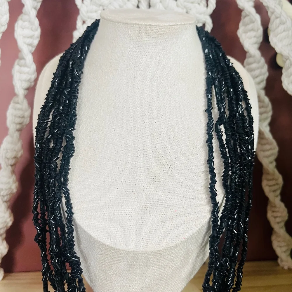 Vintage Multi-Layered Glass Beaded Necklace | Black Statement‎ Jewelry | Gothic